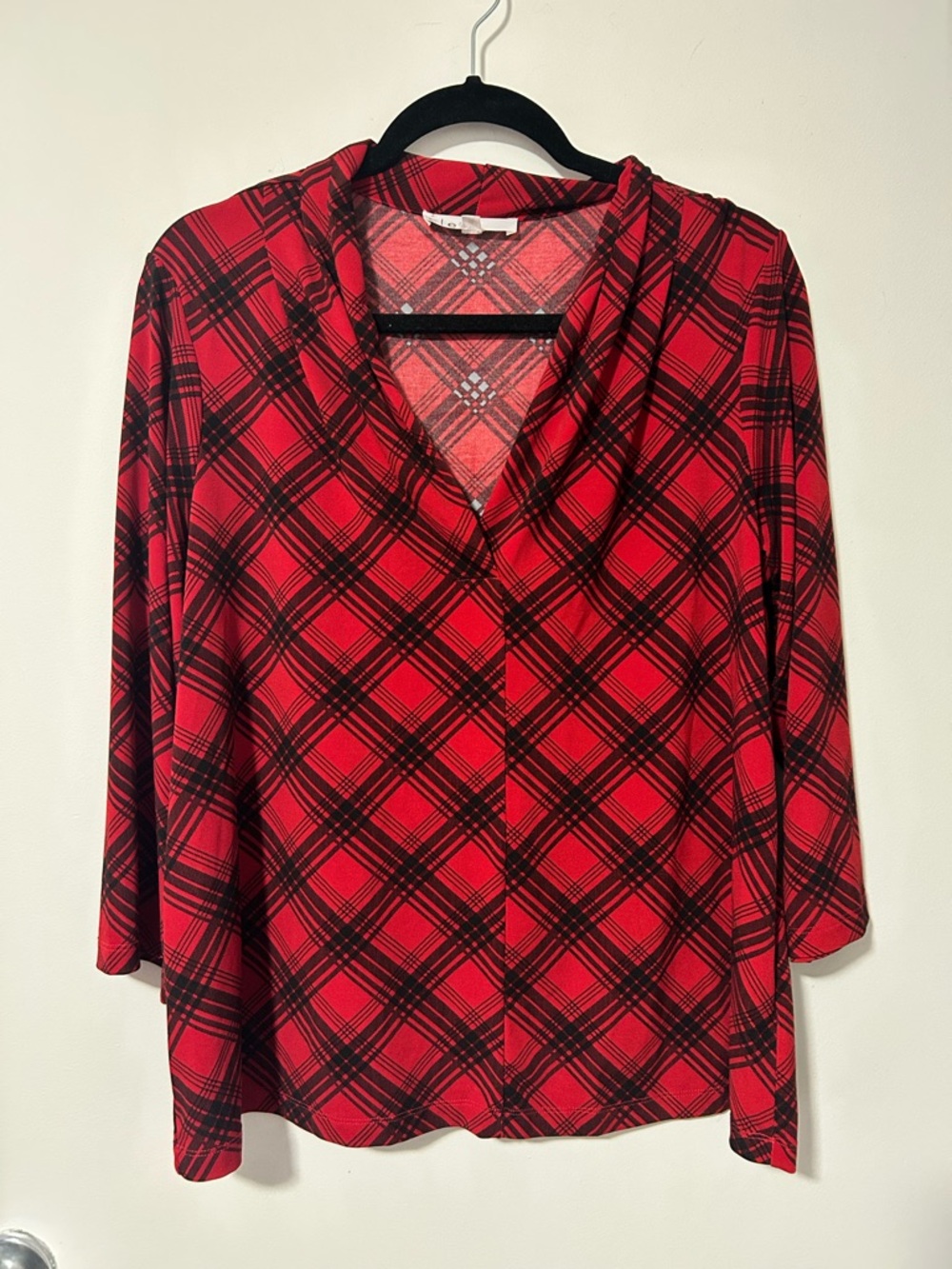 cleo Red and Black Plaid Long Sleeve V-Neck Top